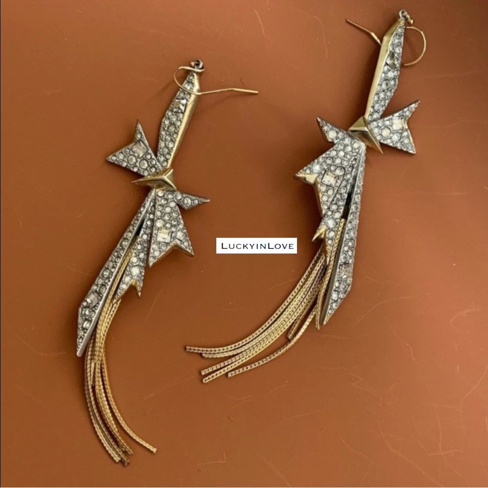 ALEXIS BITTAR • Origami Crystal Bow Fringe Drop Matte Silver Statement Earrings - Picture 3 of 13